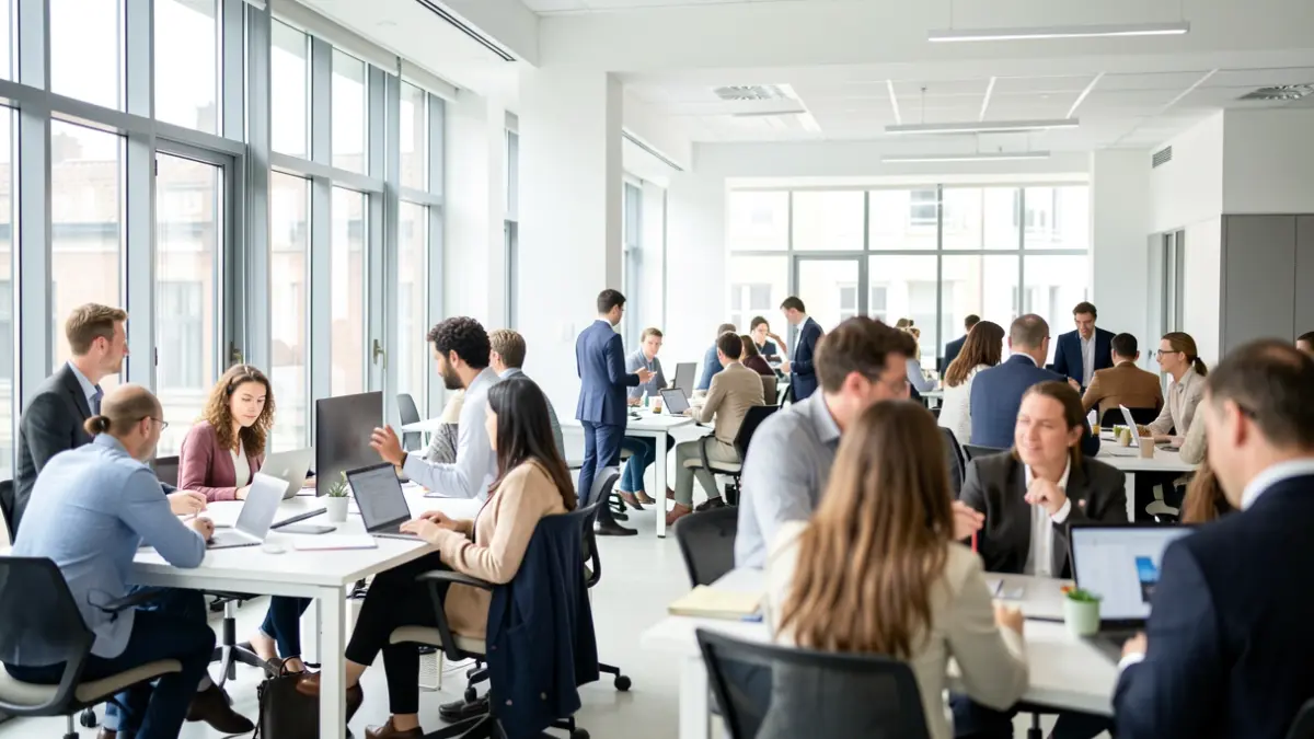 Generic image of a modern office interior with blurred figures of people networking and collaborating.
