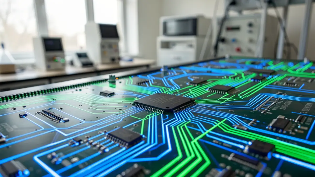 Close-up of a quantum circuit board with glowing lines in a research lab.