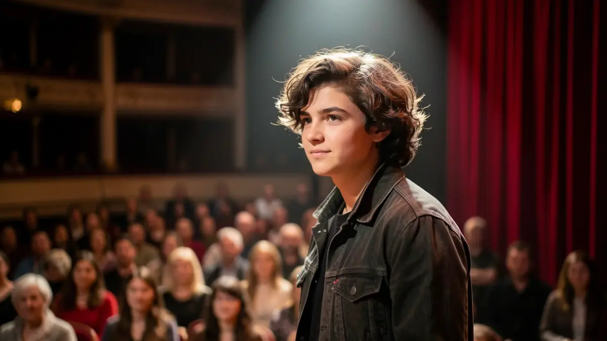 A young aspiring performer bathed in a spotlight on a theatre stage.