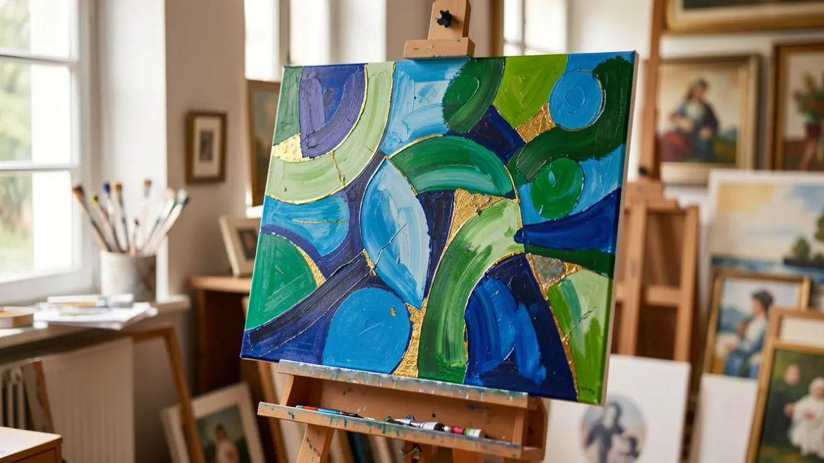 Generic image of a vibrant abstract painting with bold shapes and textures, on an easel in a softly lit art studio.