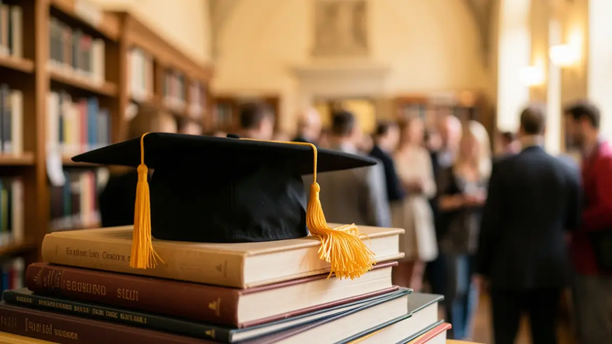 A graduation cap on academic books, representing student grants.