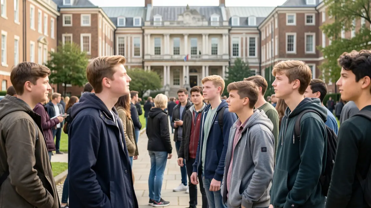 Generic image of a diverse group of young men and boys looking towards a university building.