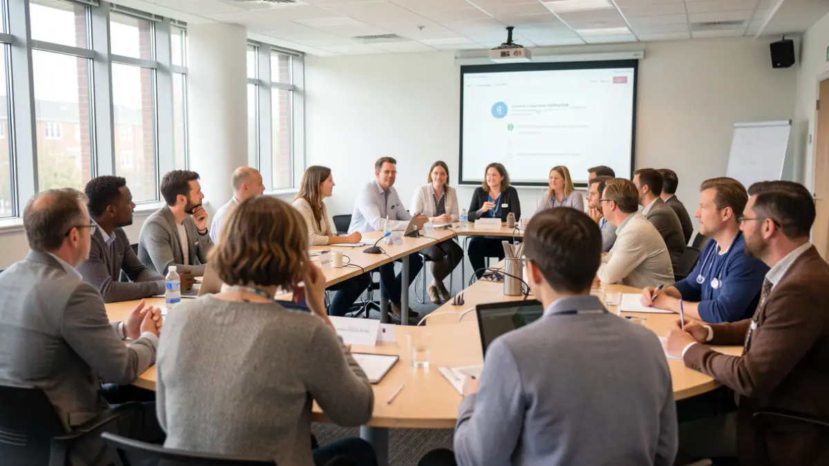 Generic image of a diverse group of people attending a conference in a modern venue.