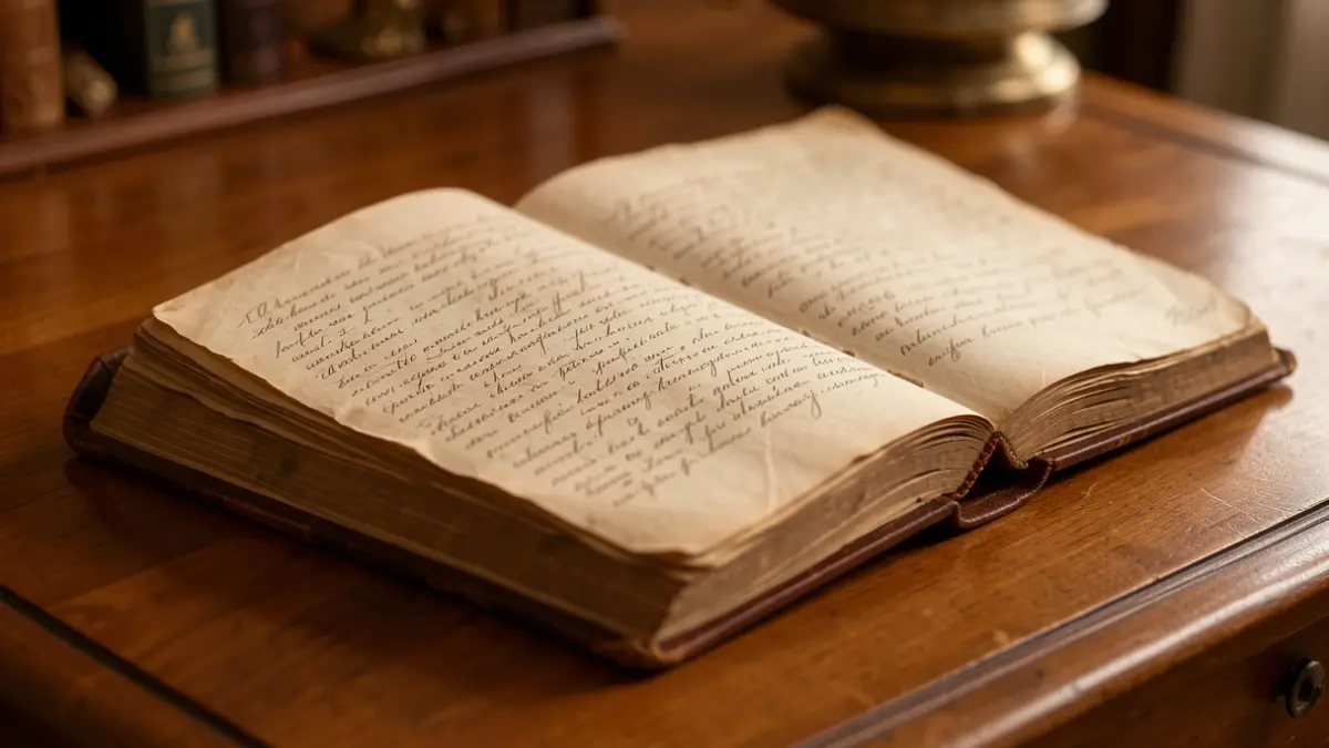 Generic image of an open antique book with handwritten pages on a desk.