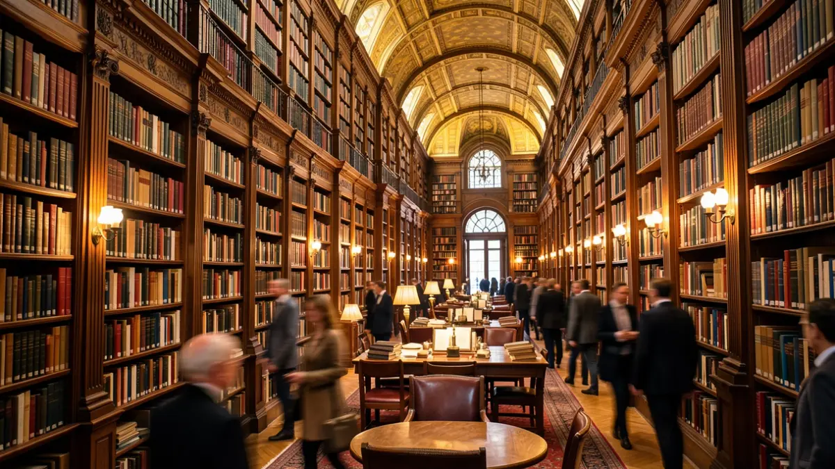 Generic image of a historic library interior with bookshelves and ambient lighting.