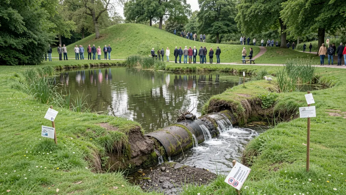 Generic image of a park pond with visible signs of water loss and wildlife protection notices.
