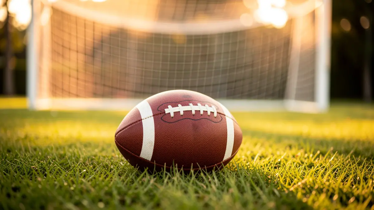 A football on a pitch with the goal net blurred in the background.