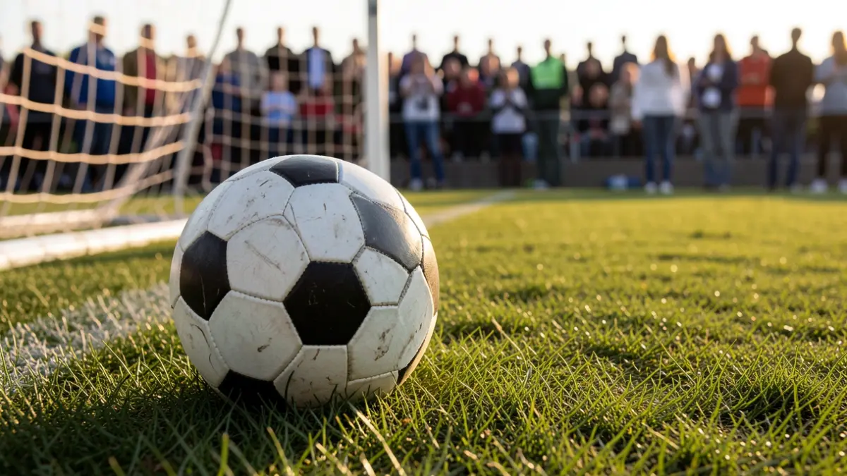 Generic image of a football on grass with a blurred goal net in the background.
