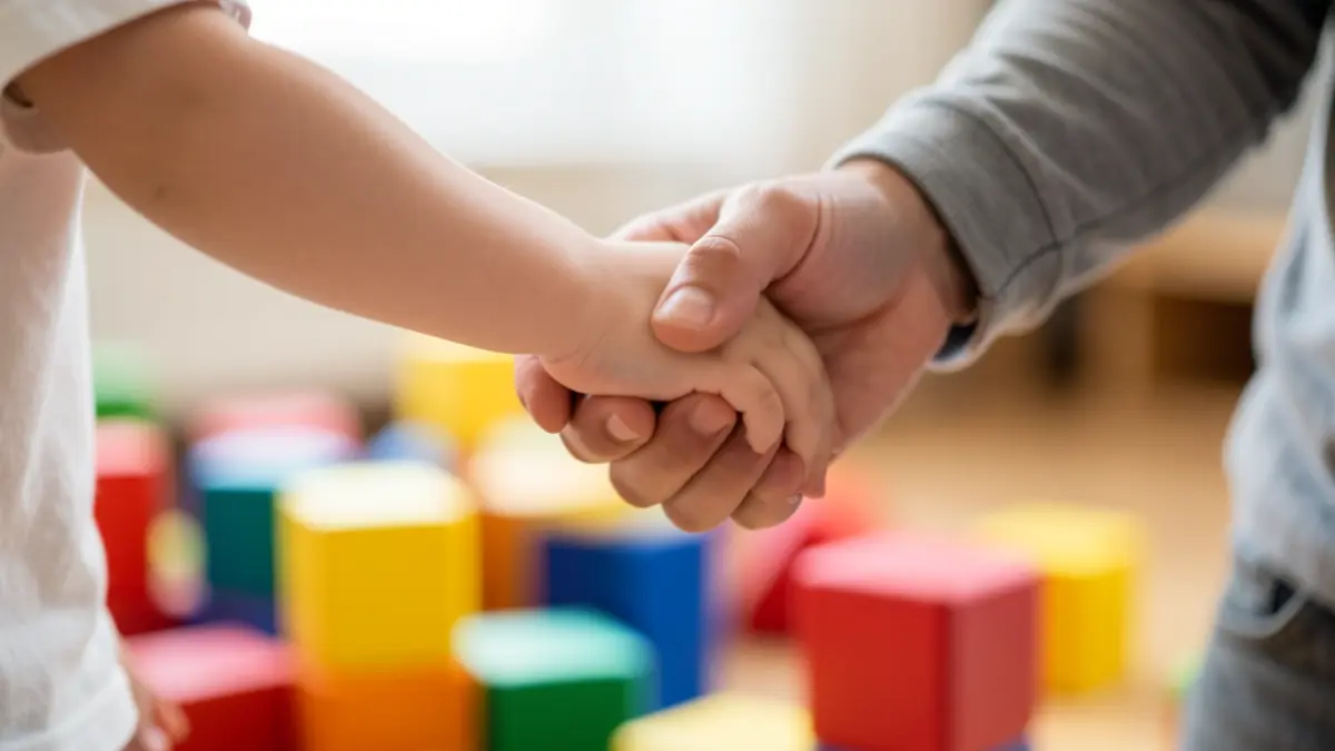 Generic image of a child's hand reaching for an adult's hand, with blurred building blocks in the background.