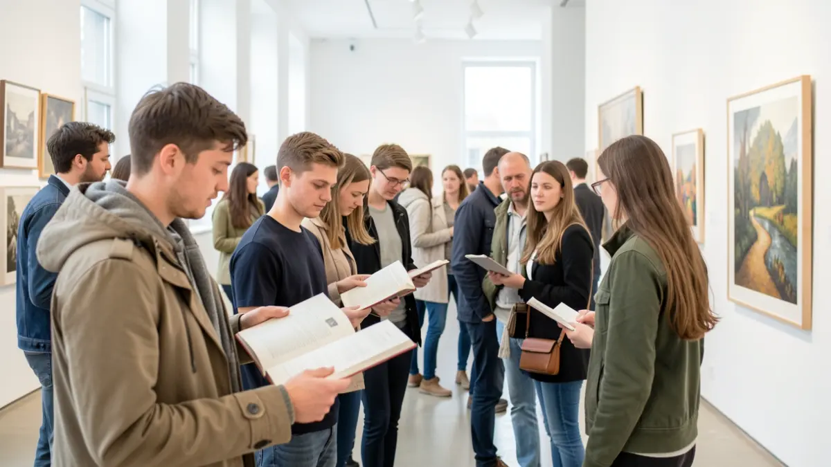 Generic image of a diverse group of students engaging with art in a modern gallery setting.