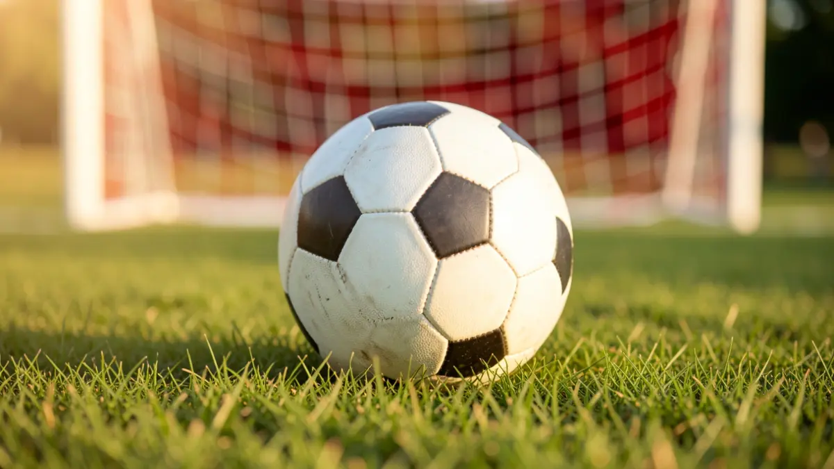Generic image of a football on grass with a blurred goal net in the background.