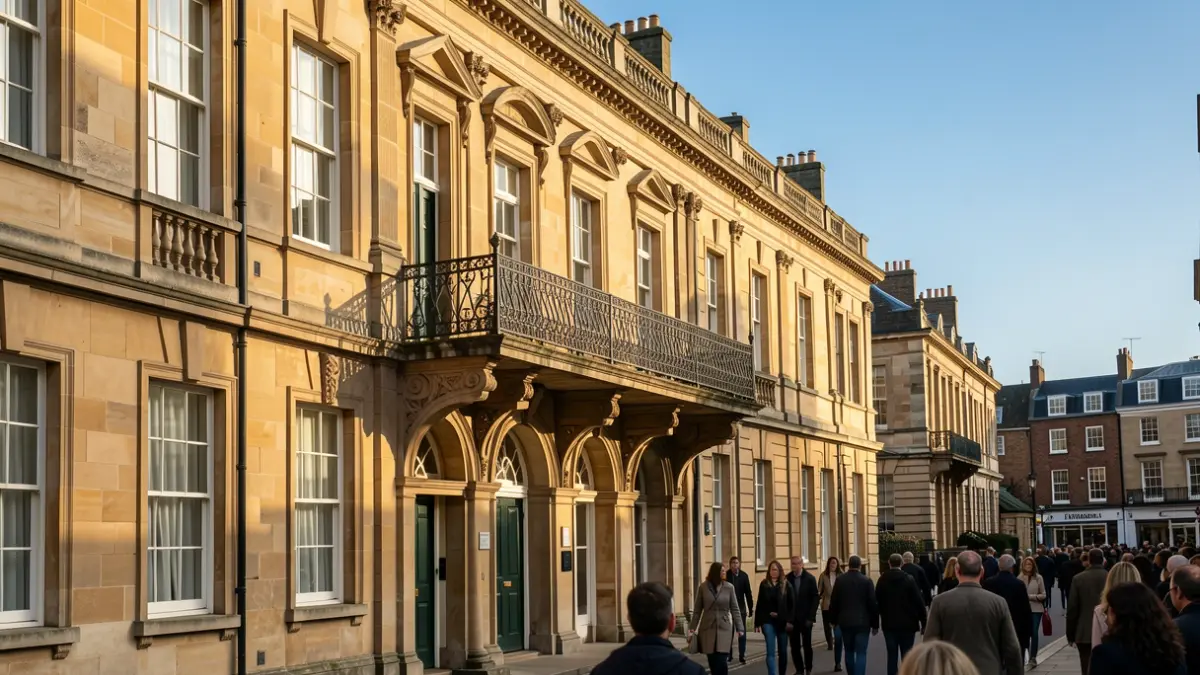 Generic image of a traditional stone town hall facade with an ornate balcony and iron railings, illuminated by warm afternoon sunlight.