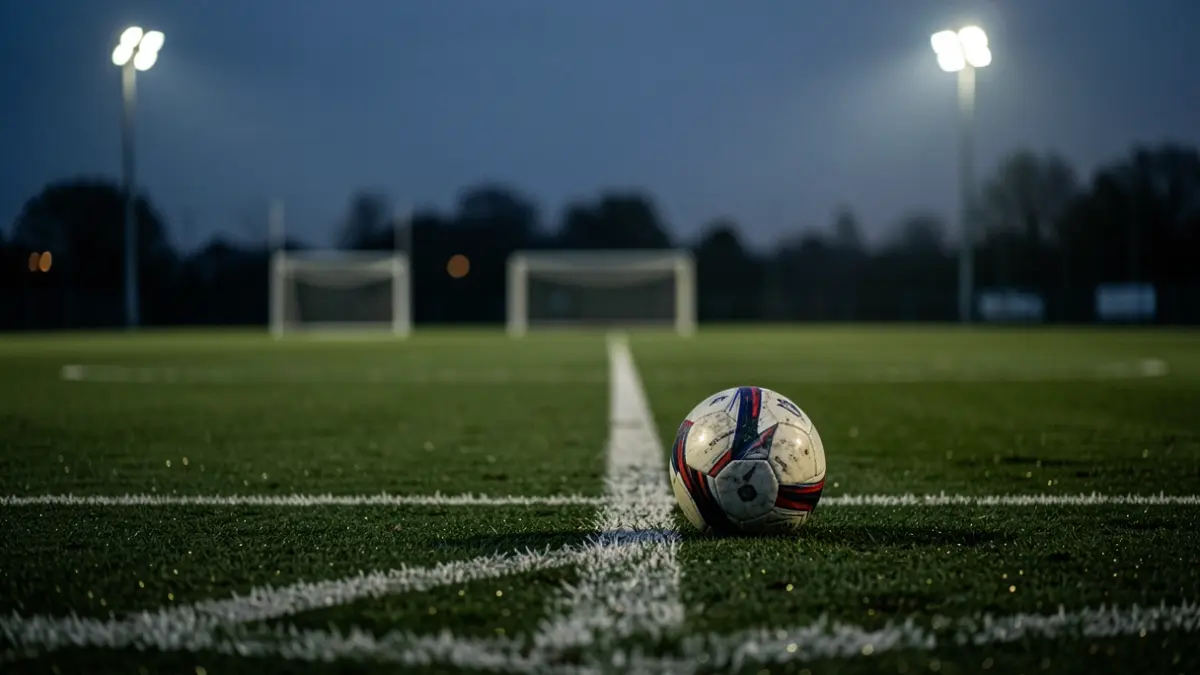 A football pitch at dusk with a deflated ball on the wet grass.