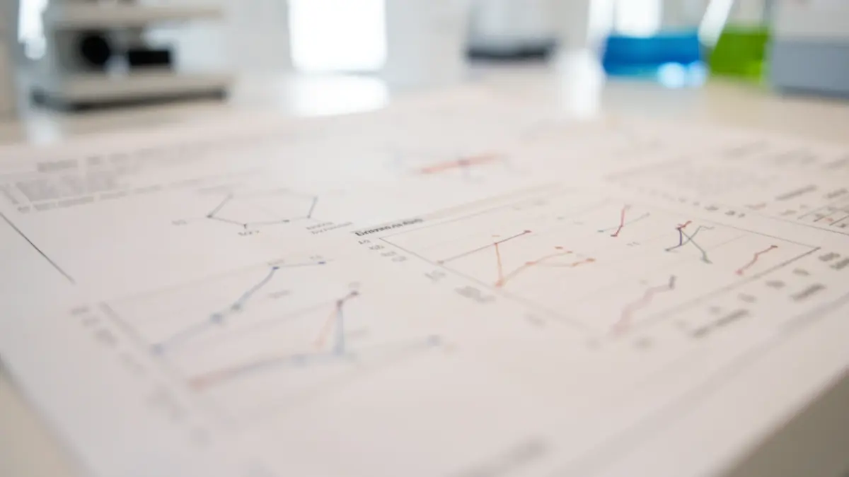 Close-up of a medical research chart with blurred scientific diagrams and data.