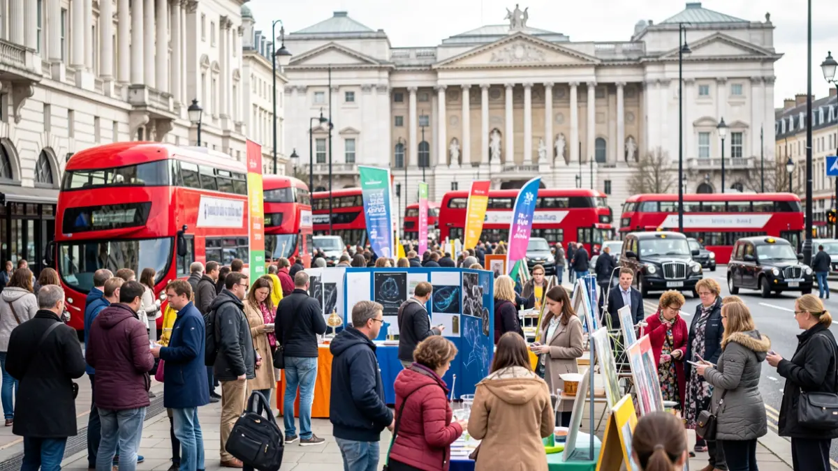 A lively street festival in South Kensington, London, featuring science and art exhibits and diverse crowds.