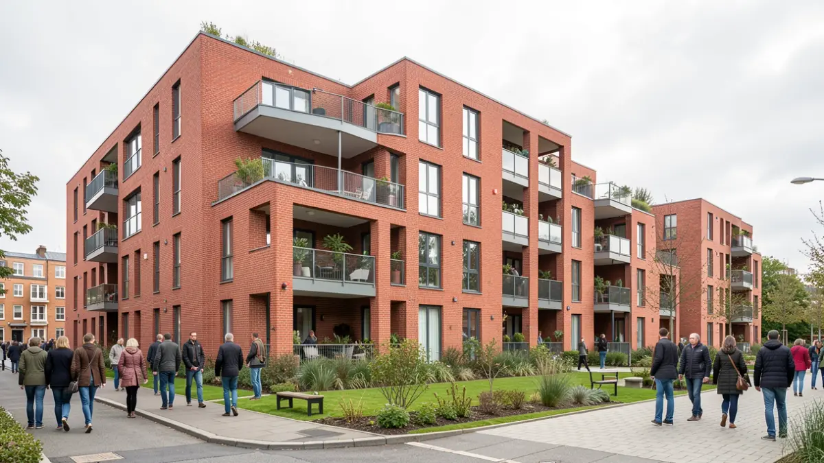 Generic image of a large, modern social housing development with red brick architecture and green spaces.