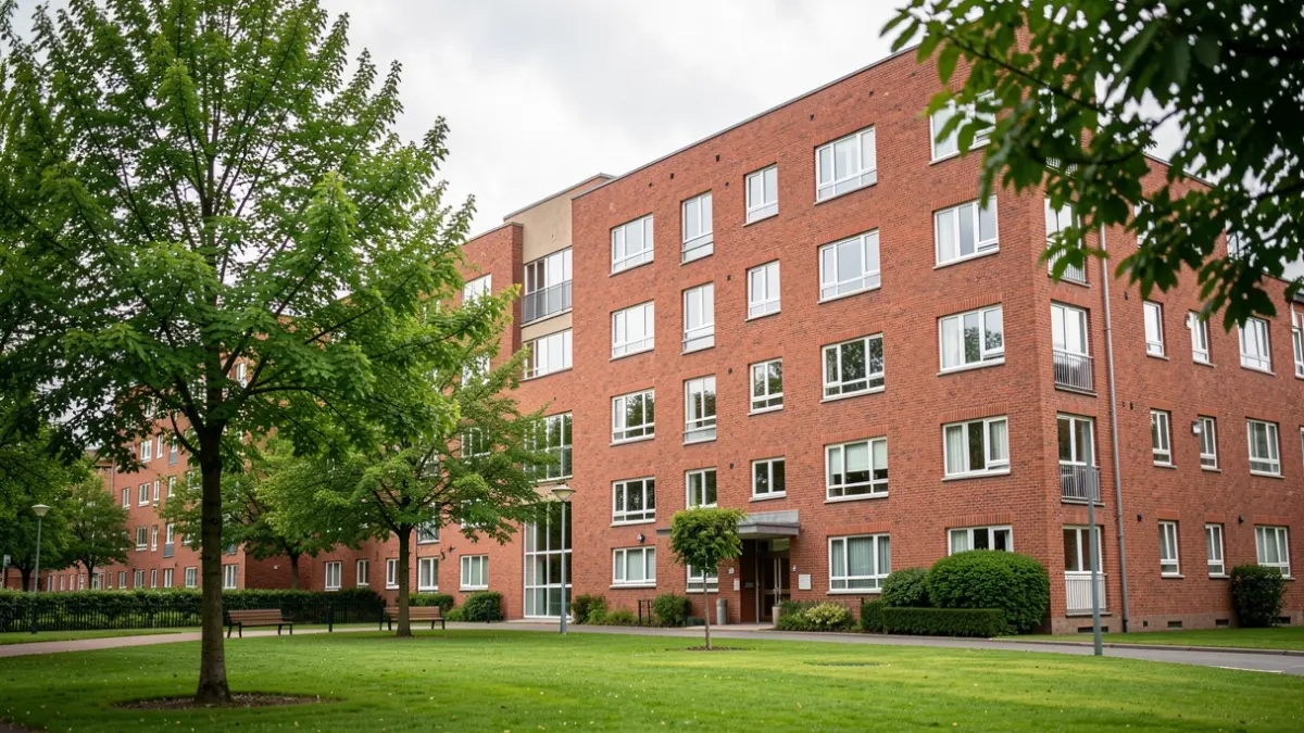 Generic image of a modern council housing development with trees and green space.