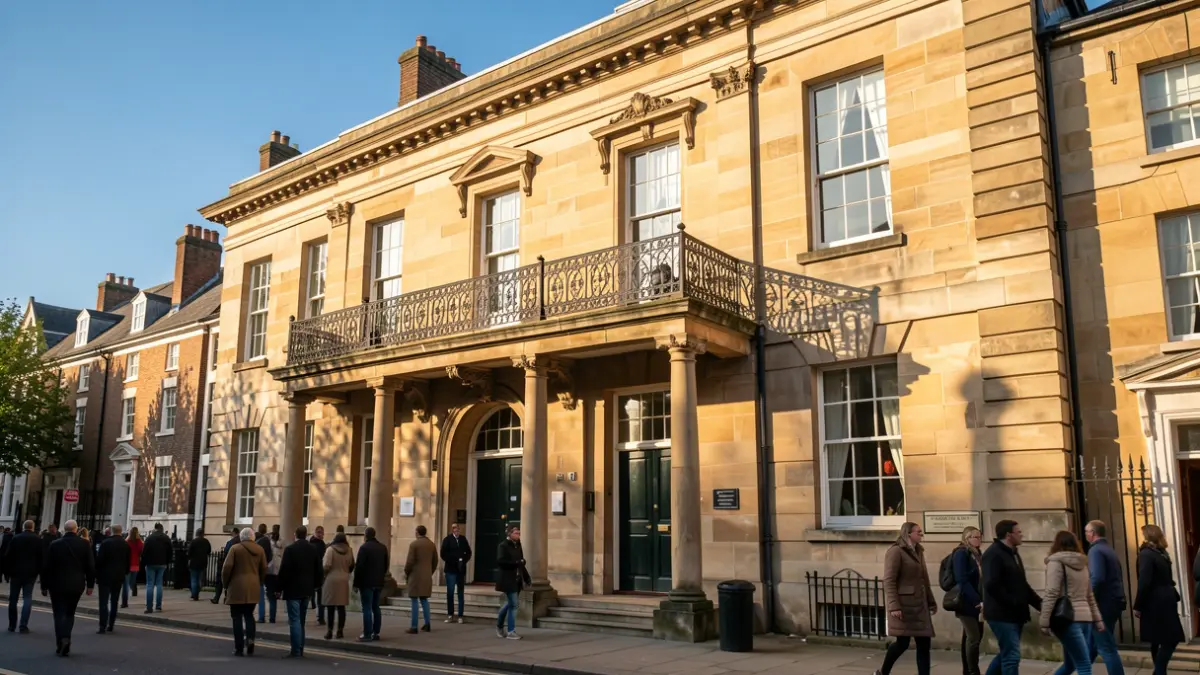 Generic image of a town hall facade with a balcony and blue sky.