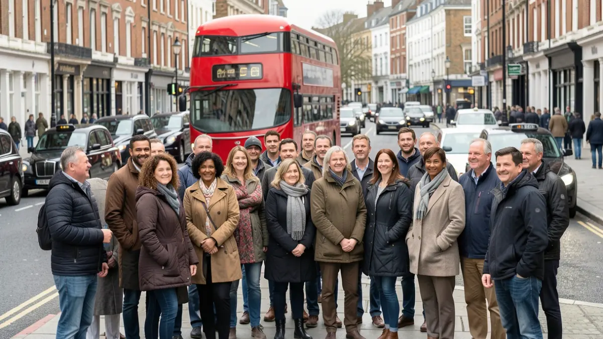 Generic image of a diverse group of people standing together on a London street, with blurred red buses and black cabs in the background.