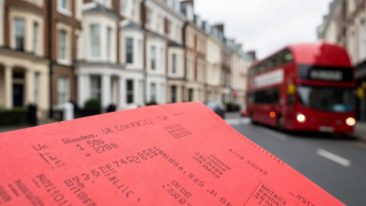 Generic image of a UK council tax bill with a blurred London street scene in the background.