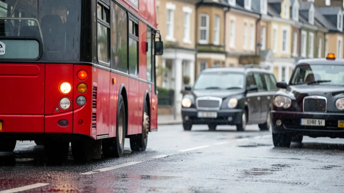 Red London bus and black taxi on a wet road with blurred background buildings.