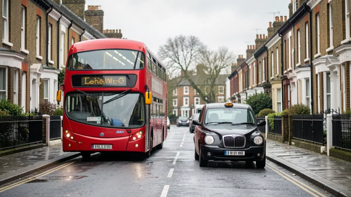 Red London bus and black taxi on a wet residential street in Hammersmith.