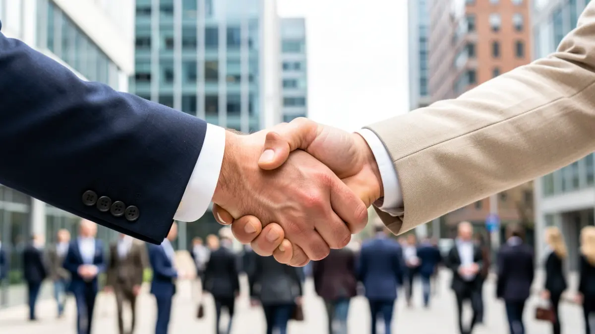Generic image of two hands shaking in a business setting.