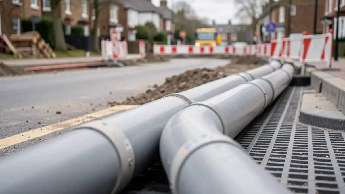 Generic image of construction work on a road with pipes and barriers.