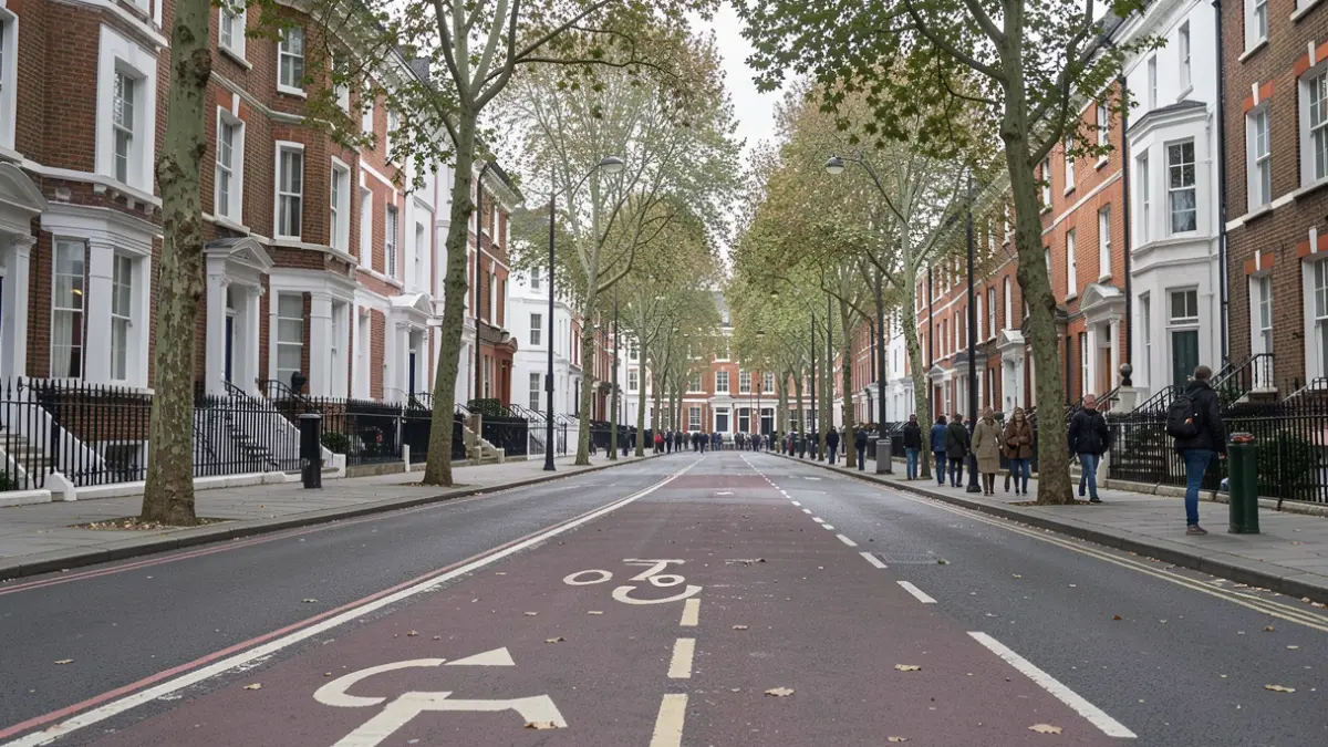 Generic image of an empty cycle lane on a London street with trees and overcast sky.