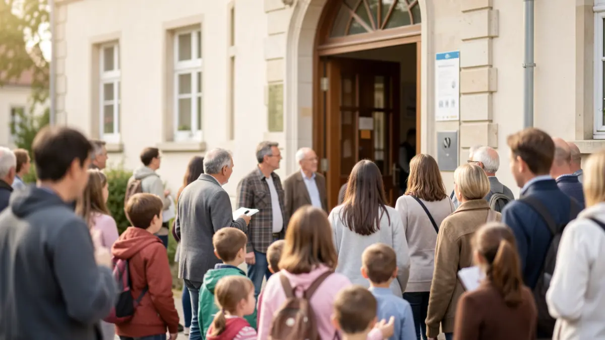 Generic image of parents and children near a school building.