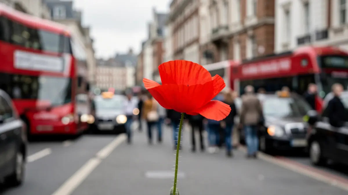 Generic image of a red poppy with a blurred Greater London street scene in the background.