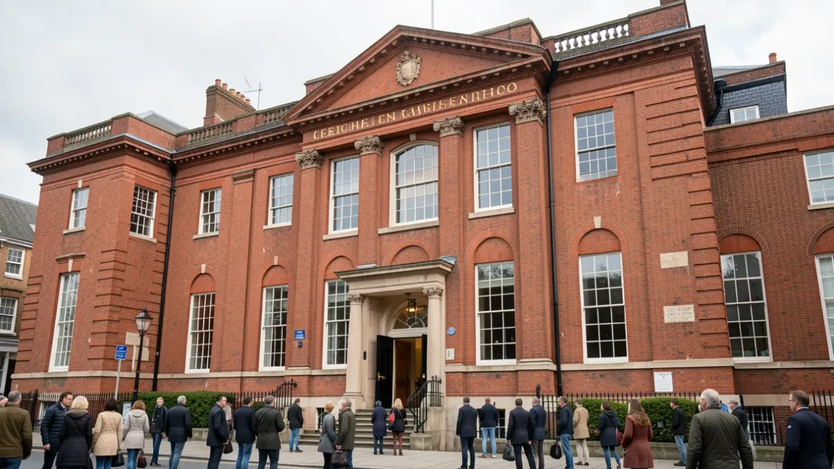 Generic image of a traditional red-brick library building with large windows and an entrance, under a slightly overcast sky.