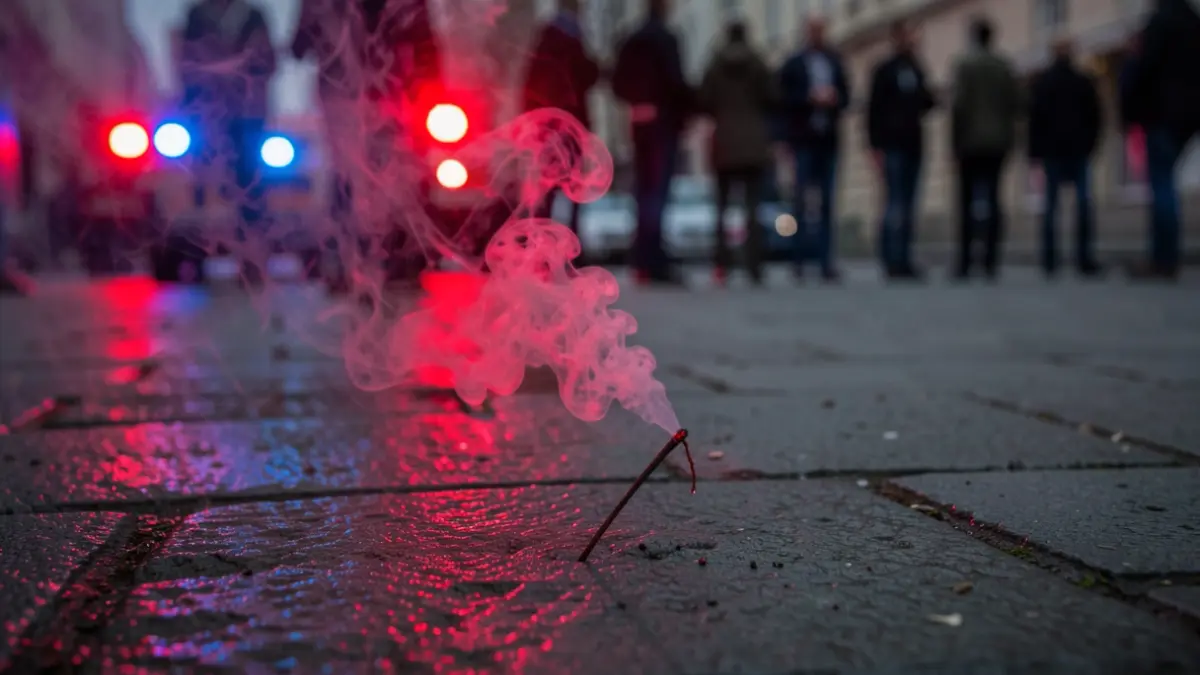 A close-up of a smouldering firework fuse with blurred emergency lights in the background.