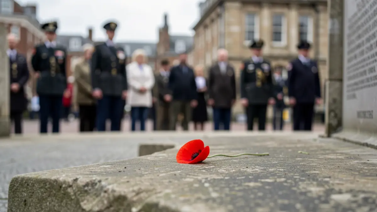 Generic image of a poppy on a war memorial with blurred figures in the background.