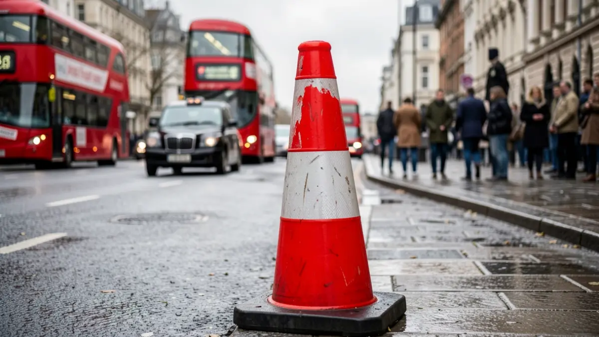 Generic image of roadworks barriers and traffic cones on a wet London street with blurred buses and taxis in the background.