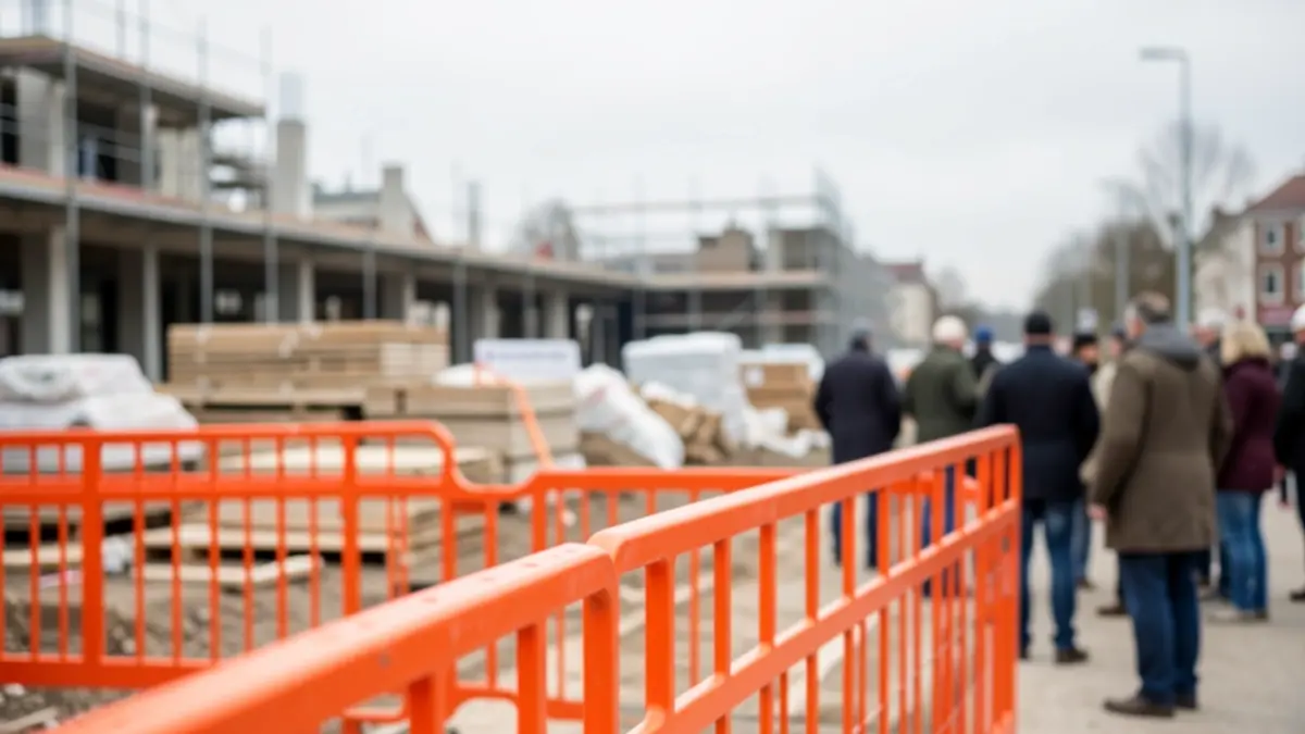 Construction site with safety barriers and building materials.