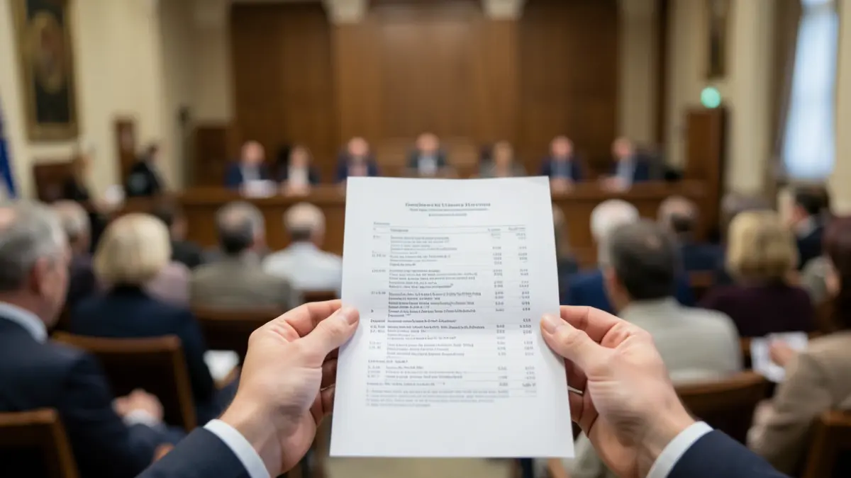 Generic image of a hand holding a document in a council chamber.