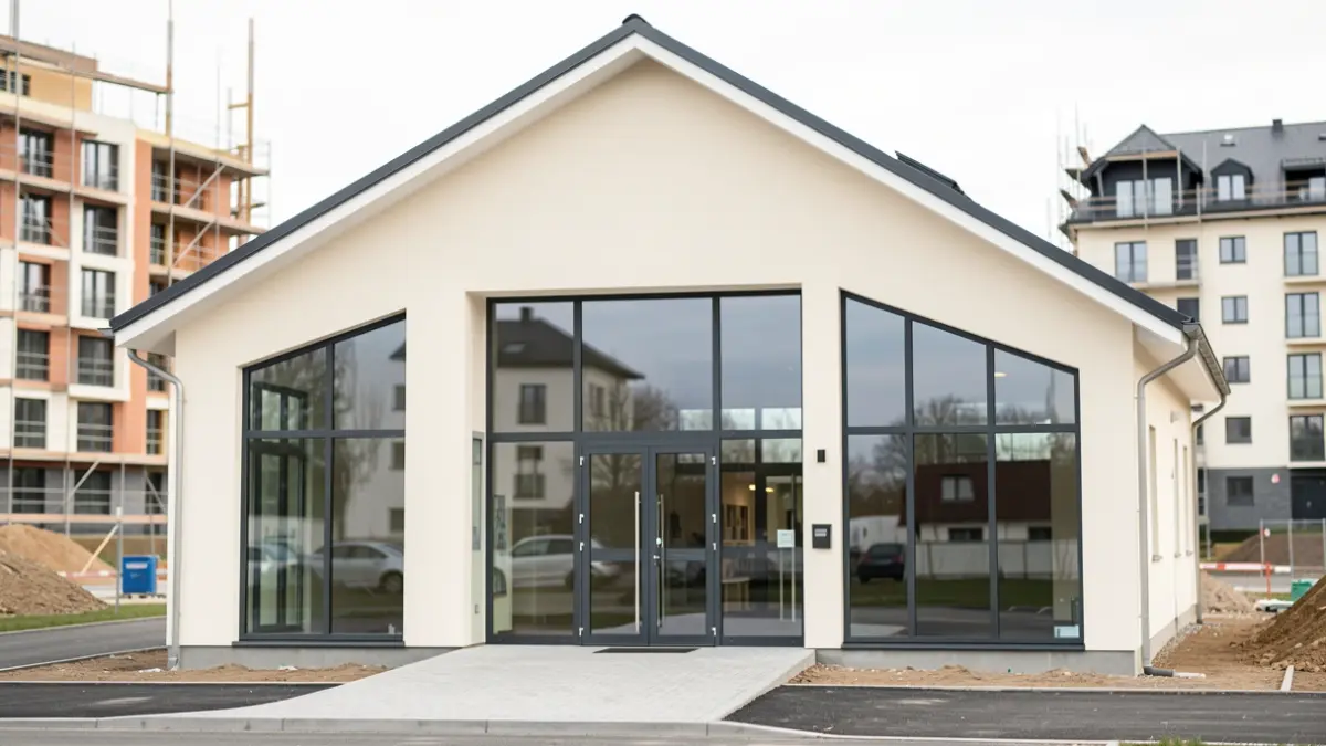 Generic image of a modern community hall with new housing development in the background.