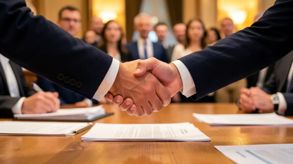 Generic image of two hands shaking over a desk, symbolizing a negotiation or agreement.
