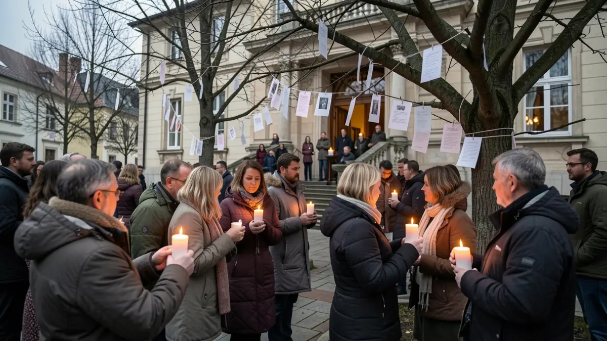 Generic image of a remembrance ceremony with LED candles and messages on tree branches outside a town hall.