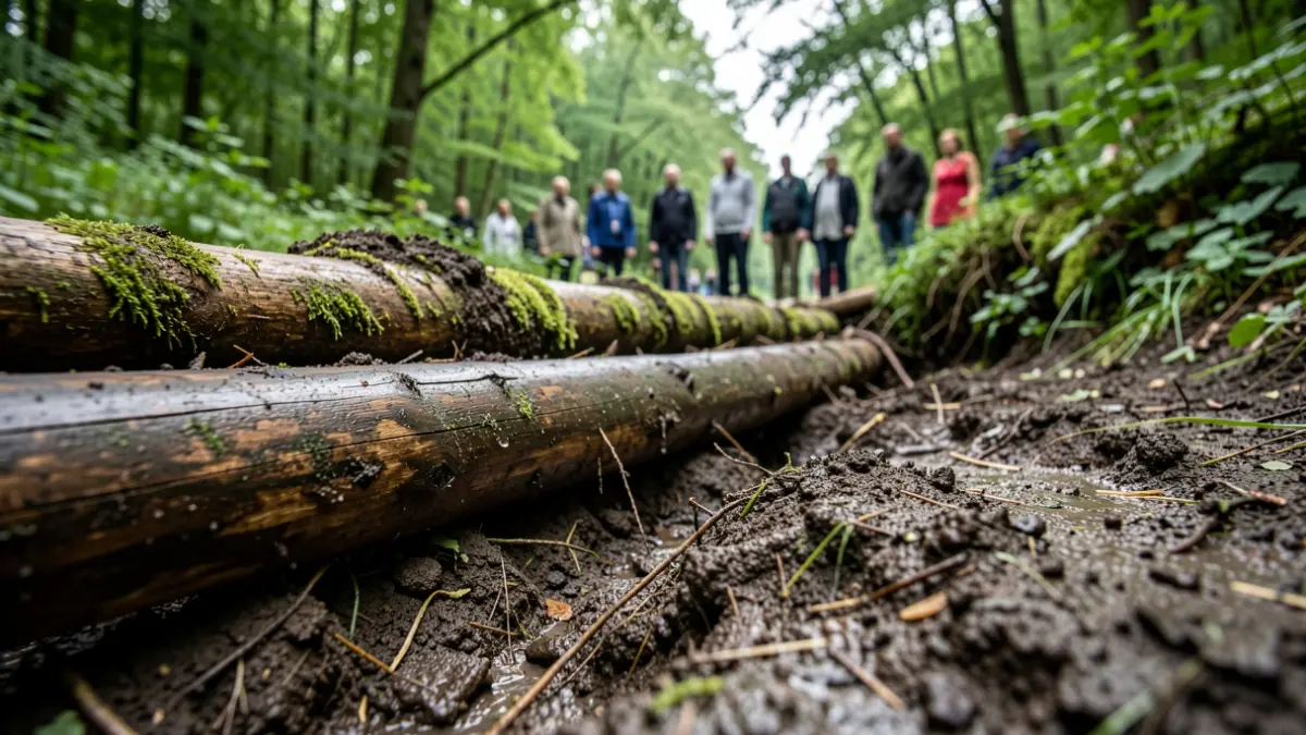 A leaky dam constructed from logs and earth in a woodland setting, designed to manage flood water.