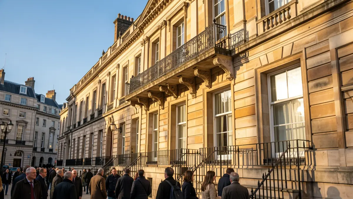 The stone facade of Hillingdon Town Hall with ornate balcony and iron railings under warm afternoon sunlight.