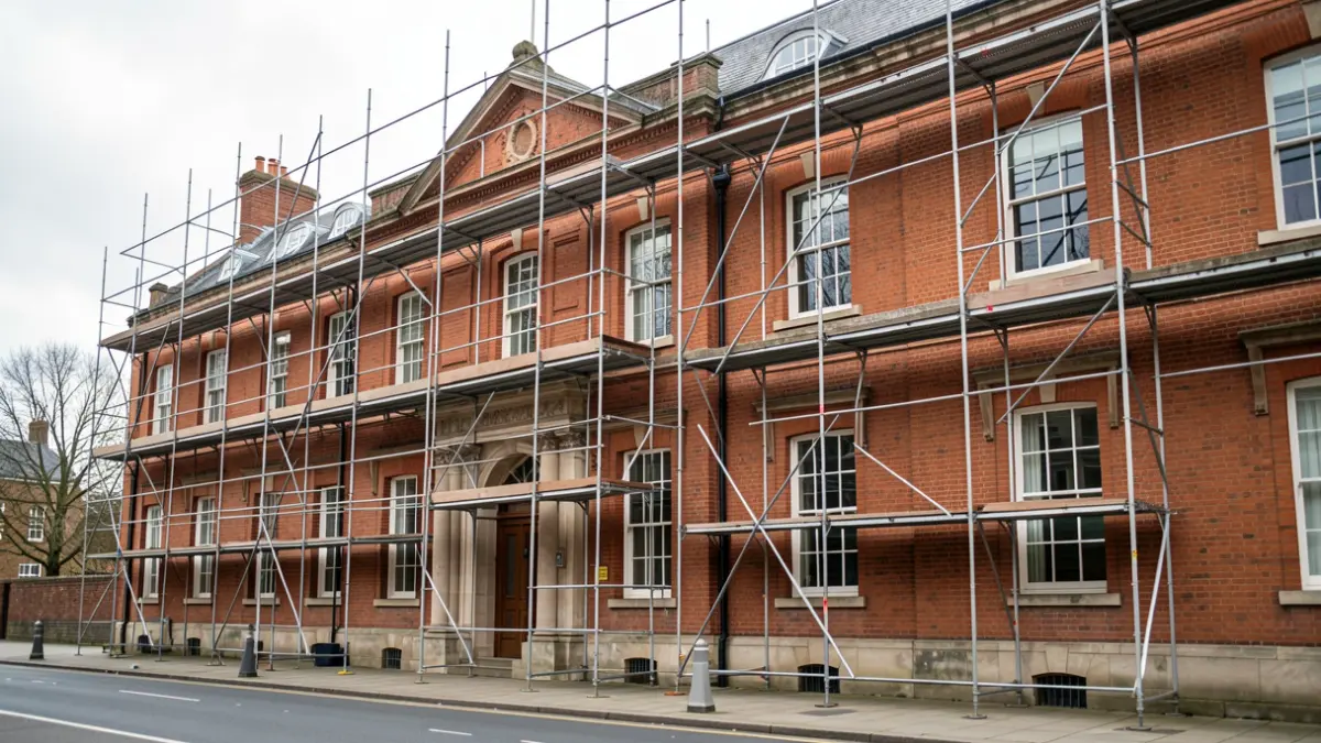 Generic image of a historic red-brick library building undergoing essential improvement works, with scaffolding visible.