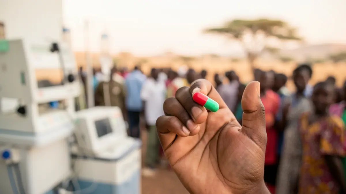 A child's hand holds a pill, with a blurred background suggesting a medical setting in Africa.