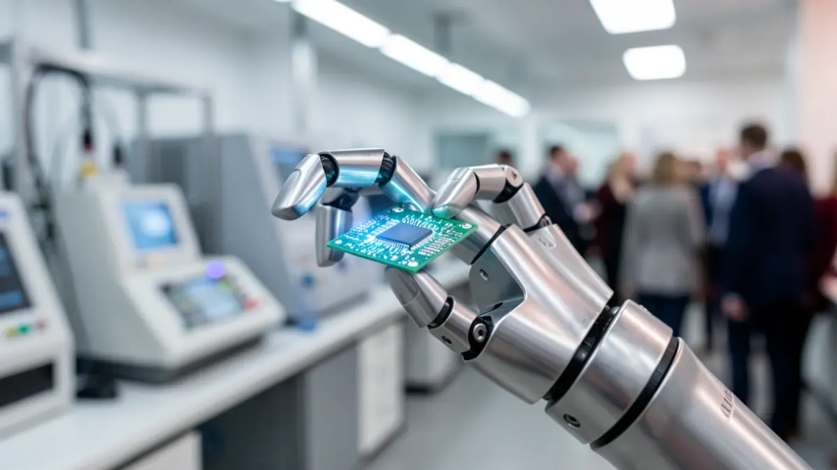 Generic image of a robotic arm holding a circuit board in a laboratory setting.