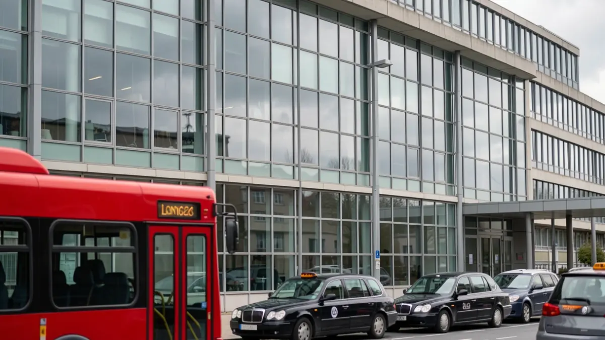 Generic image of a modern hospital building with a red London bus and a black taxi in the foreground, under a grey sky.
