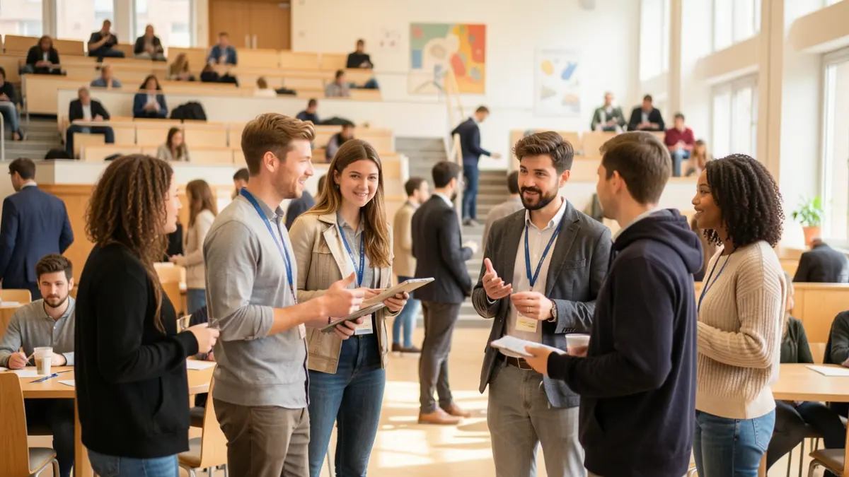 Generic image of a diverse group of young adults networking in a modern university hall.