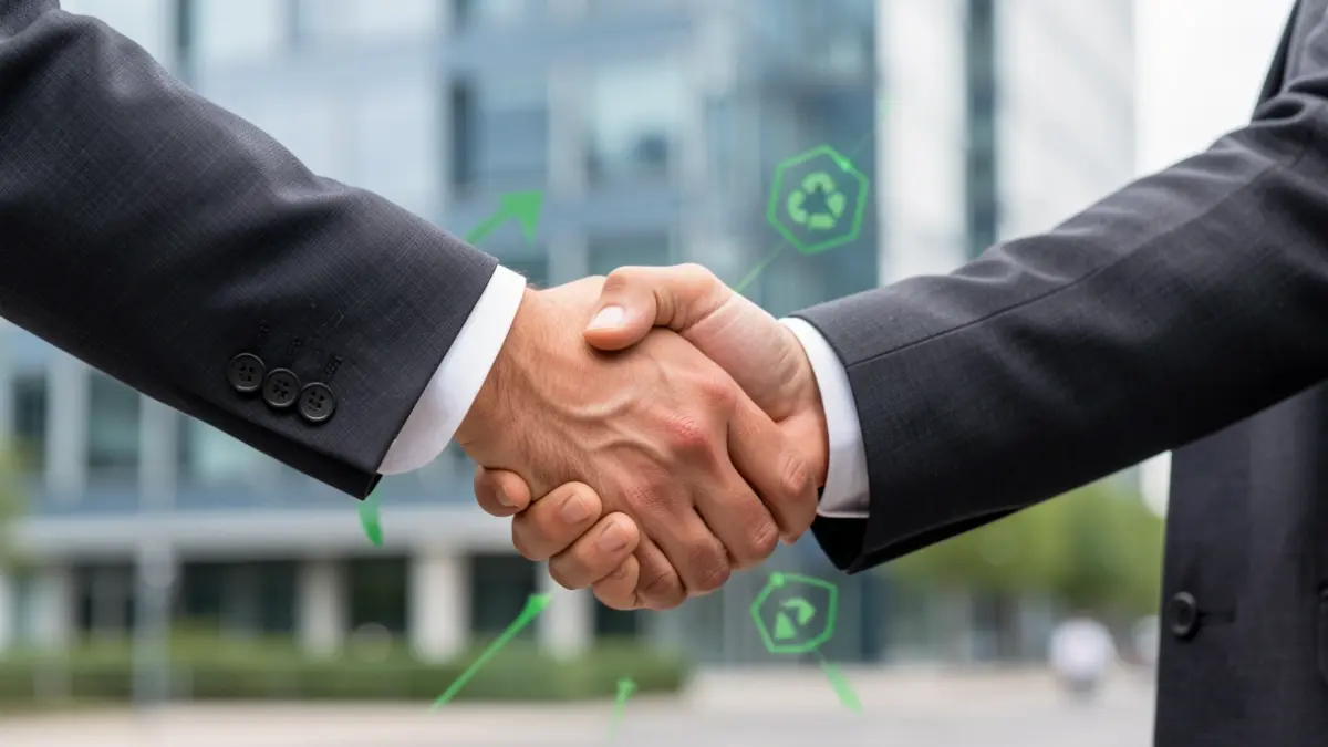 Generic image of a handshake between two people in business attire, with a blurred background of modern office buildings and subtle green energy symbols.