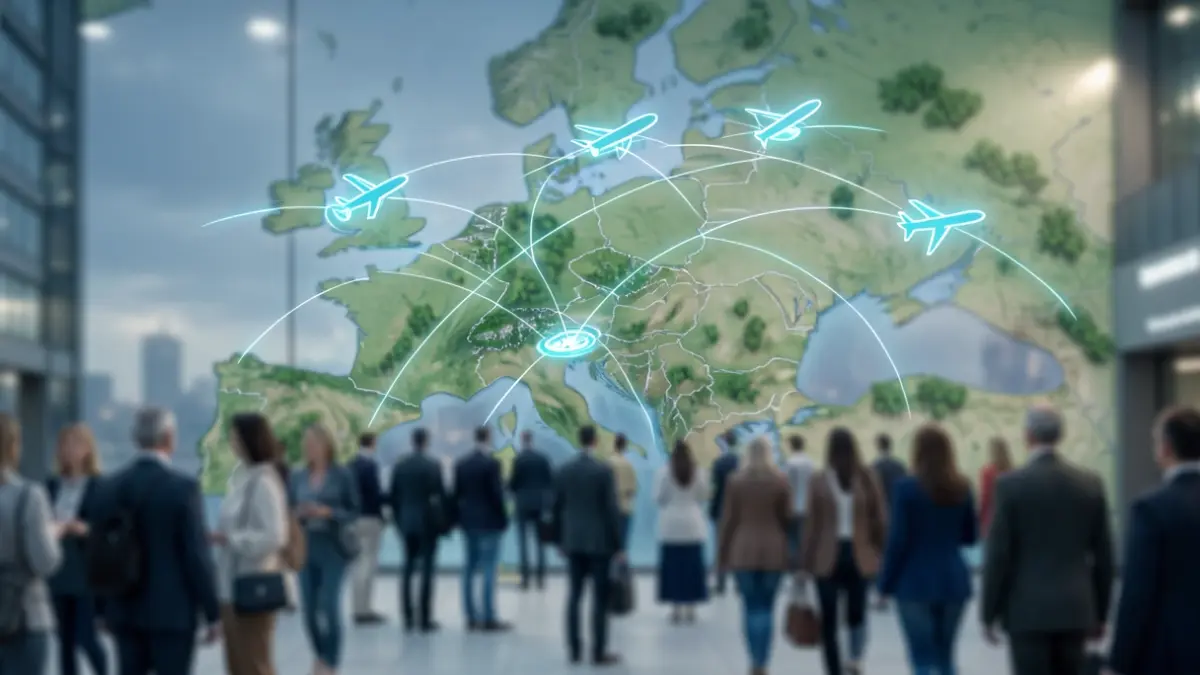 Abstract visualisation of sustainable air traffic management systems over Europe.