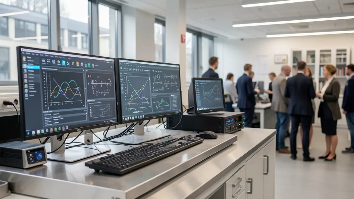 Generic image of a modern laboratory with advanced computer equipment and mathematical diagrams on screens.